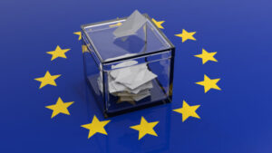 Uitslag EU-verkiezingen: Europa Ballot box on a european union flag. 3d illustration