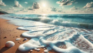 Speel niet in zeeschuim DALL·E 2024-07-29 11.54.23 – A serene beach scene with waves gently flowing onto the shore, leaving behind a layer of sea foam on the sand. The sky is clear with a few scattered c