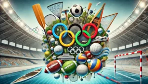 Dove en slechthorende Olympiërs DALL·E 2024-07-29 12.09.42 – An image of the Olympic rings with various sports equipment and symbols surrounding and beneath them. The collage includes a canoe and paddle, golf cl