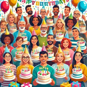 DALL·E 2024-08-21 17.24.32 – A festive and lively image showing a diverse group of people of different ages and backgrounds celebrating their birthdays. Each person is holding a b