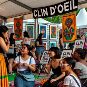 Clin d'Oeil: het succes van dove kunstenaars DALL·E 2024-08-26 10.45.15 – A lively and colorful scene of the Clin d’Oeil deaf festival, focusing on the vibrant atmosphere and the representation of Black and Asian female arti